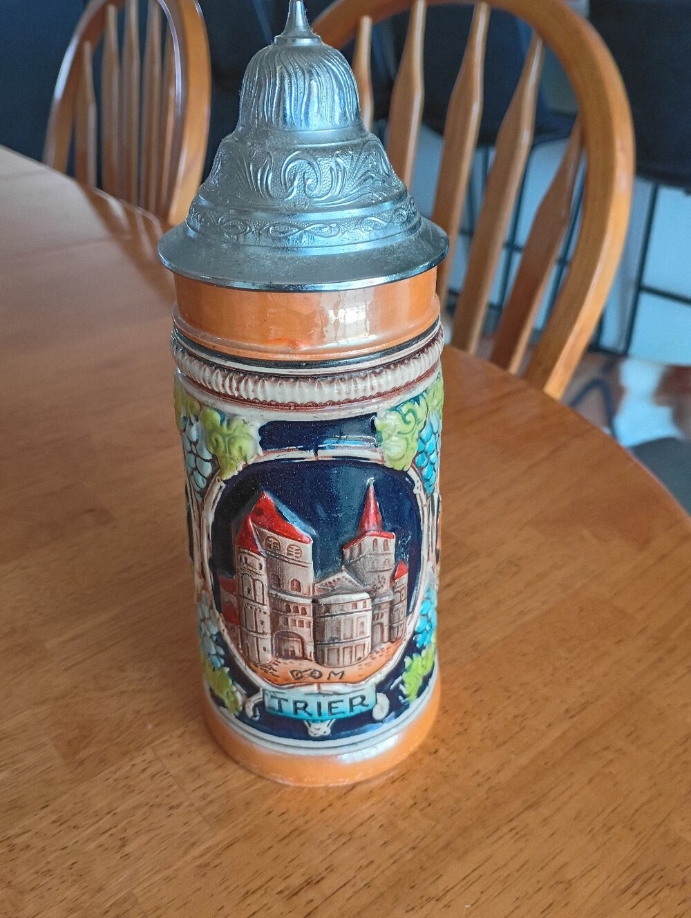 vintage Trier German Ceramic Beer Stein with Pewter Lid - Blue & Orange